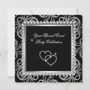 Invitation Damask Noir Argent Diamants Cœur Fête