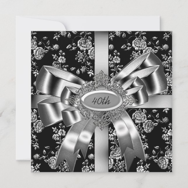 Invitation Damask Noir Blanc Bijou Arc Argent 40ème (Devant)