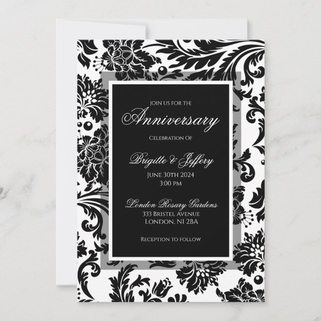 Invitation Damask noir et blanc sur mesure pour anniversaire  (Devant)