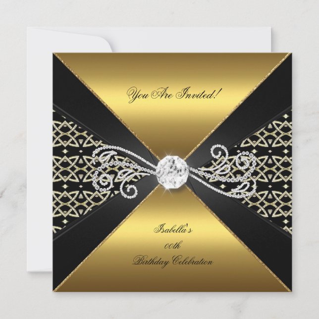 Invitation Damask Or Diamant Noir Gemme Fête d'anniversaire (Devant)