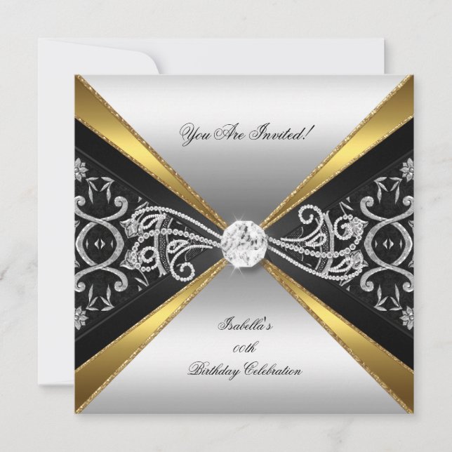 Invitation Damask Or Noir Argent Diamant Fête d'anniversaire  (Devant)