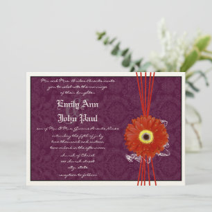 Invitation Damask Orange Purple Gerber Daisy Mariage Inviter