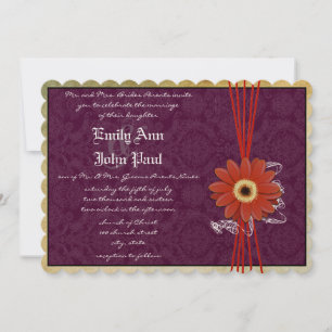 Invitation Damask Orange Purple Gerber Daisy Mariage Inviter
