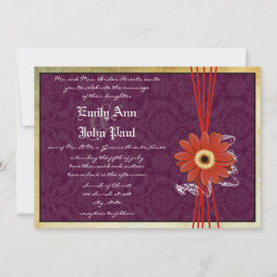 Invitation Damask Orange Purple Gerber Daisy Mariage Inviter
