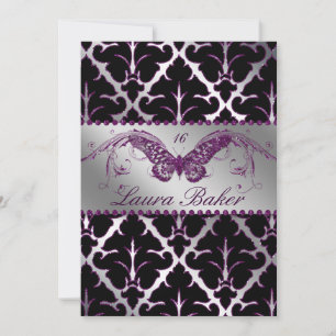 Invitation Damask Papillon Sweet 16 Violet Étincel