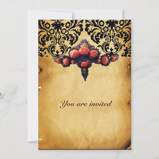 INVITATION DAMASK PARCHMENT ET ROSES DE CORAIL ROSE (Devant)