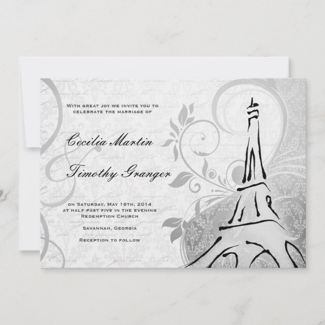 Invitation Damask Parisienne - Elégant Mariage noir & blanc (Devant)