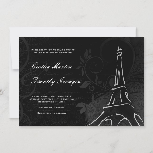 Invitation Damask Parisienne - Mariage noir de minuit (Devant)