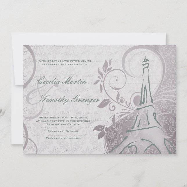 Invitation Damask Parisienne - Subtil Turquoise & Purple Mari (Devant)