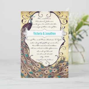 Invitation Damask Peacock Elegance Eggplant Gold et Aqua