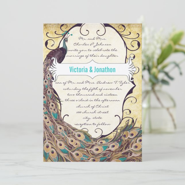 Invitation Damask Peacock Elegance Eggplant Gold et Aqua (Debout devant)