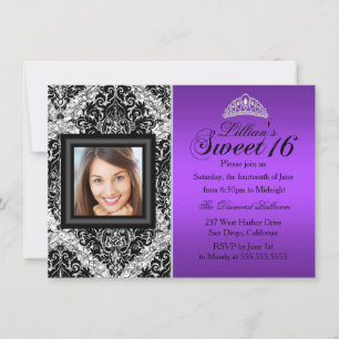 Invitation Damask Photo Sweet 16 Argent Pailleté Violet