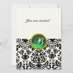 Invitation DAMASK PIERRE FINEMENT TRAVAILLÉE MONOGRAMME vert 