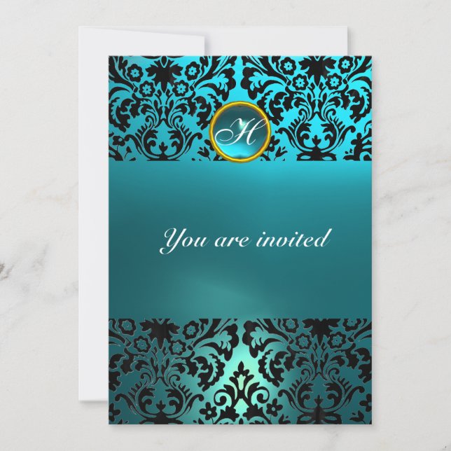 Invitation DAMASK PIERRE PRÉCIEUSE MONOGRAMME aigue-marine bl (Devant)
