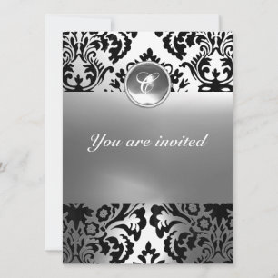 Invitation DAMASK PIERRE PRÉCIEUSE MONOGRAMME blanche