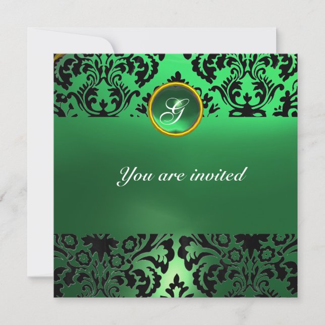 Invitation DAMASK PIERRE PRÉCIEUSE MONOGRAMME jade vert (Devant)