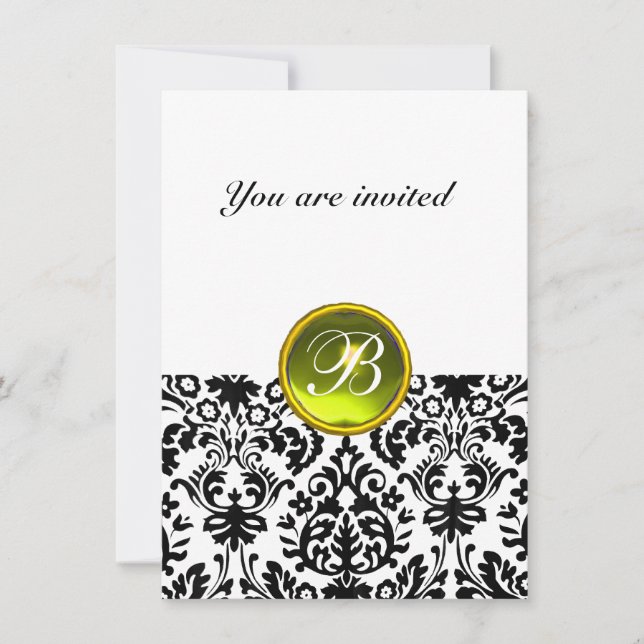 Invitation DAMASK PIERRE PRÉCIEUSE MONOGRAMME  jaune blanc rs (Devant)
