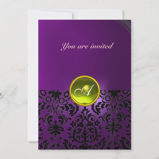 Invitation DAMASK PIERRE PRÉCIEUSE MONOGRAMME jaune violet (Devant)