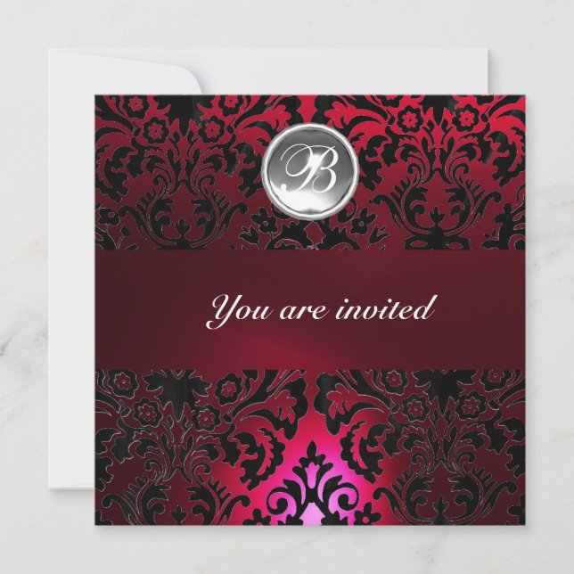 Invitation DAMASK PIERRE PRÉCIEUSE MONOGRAMME rouge burgundy  (Devant)