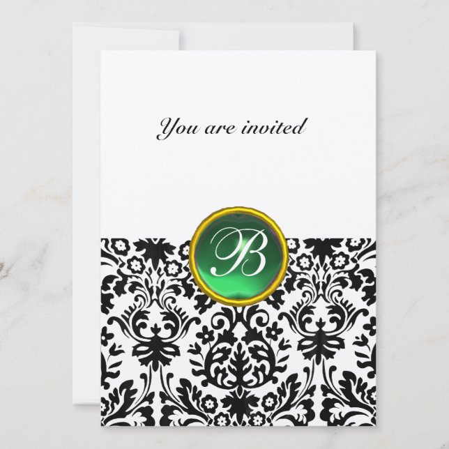 Invitation DAMASK PIERRE PRÉCIEUSE MONOGRAMME vert jade tache (Devant)