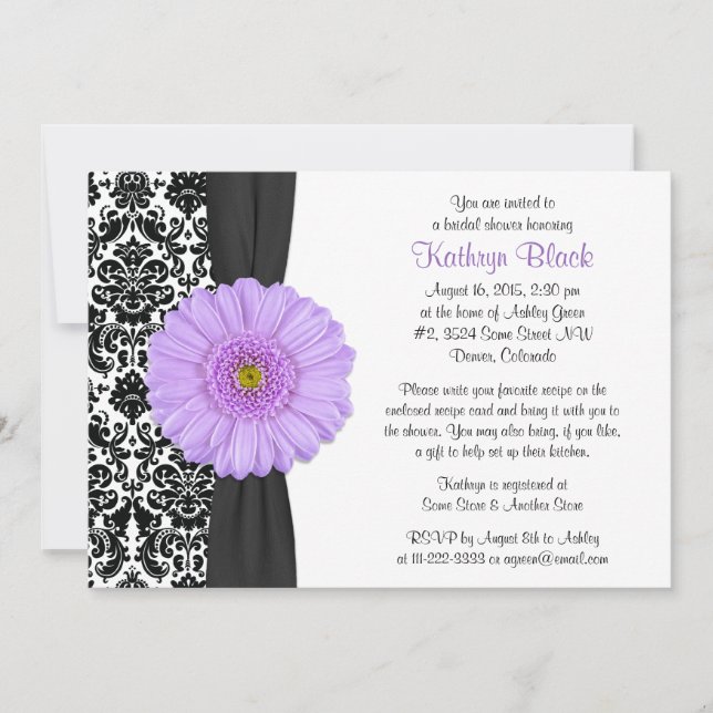 Invitation Damask Purple Gerbera Daisy Recette Fête des marié (Devant)