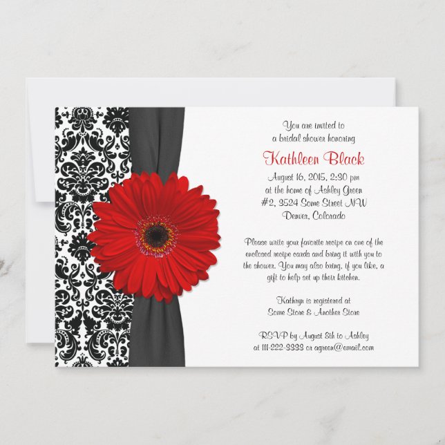 Invitation Damask Red Gerbera Daisy Recette Fête des mariées (Devant)