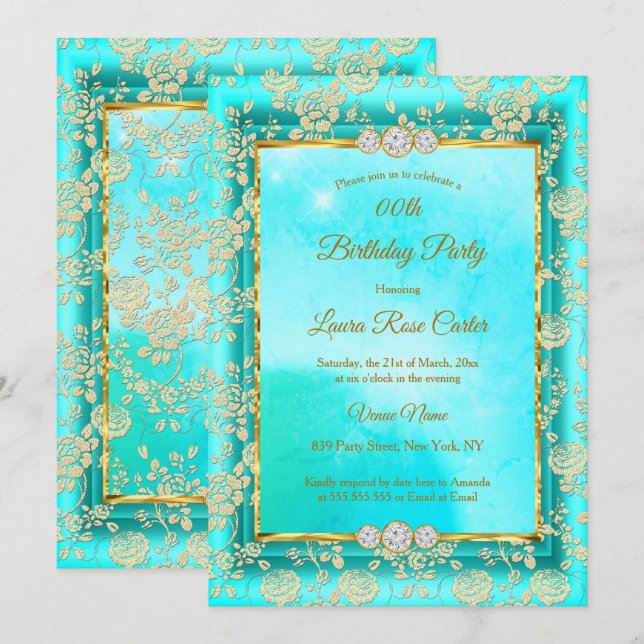 Invitation Damask rose bleu turquoise or fête d'anniversaire (Devant / Derrière)