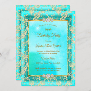 Invitation Damask rose bleu turquoise or fête d'anniversaire