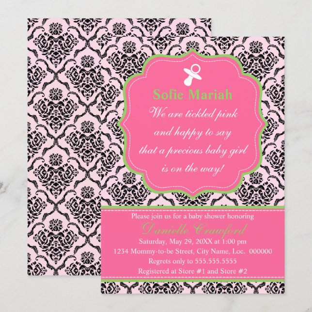 Invitation Damask rose et Baby shower vert (Devant / Derrière)