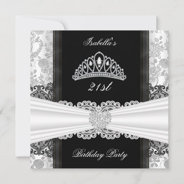 Invitation Damask Rose noir blanc Tiara fête d'anniversaire (Devant)