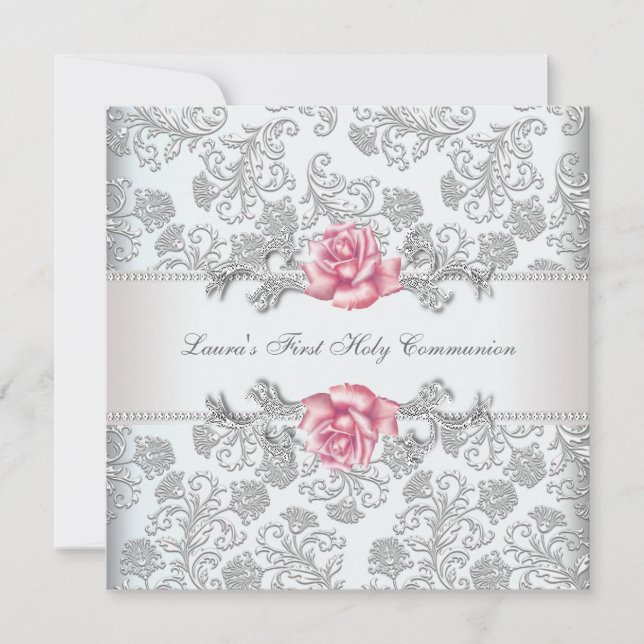 Invitation Damask Rose Rose Girls Première Communion (Devant)