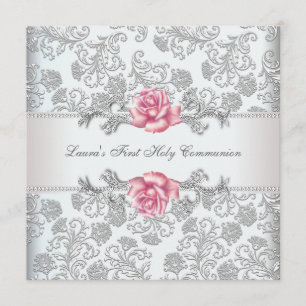 Invitation Damask Rose Rose Girls Première Communion