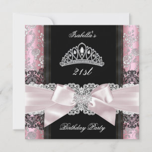 Invitation Damask Rose Rose Noir Blanc Tiara fête d'anniversa
