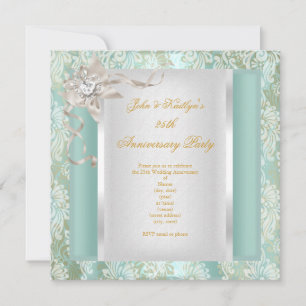 Invitation Damask sarcelle argent blanc 2ème anniversaire de 