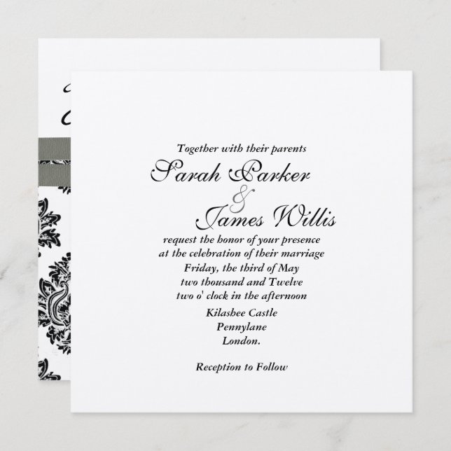Invitation Damask Silver & Grey Mariage métallique Inviter TB (Devant / Derrière)