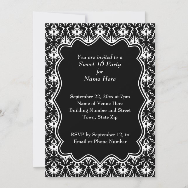 Invitation Damask Sweet 16 en noir et blanc. (Devant)