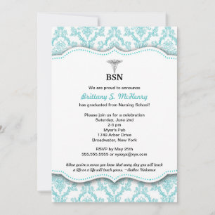 Invitation Damask Turquoise Infirmière diplômée en patinage B