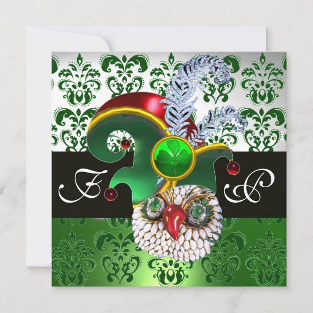 INVITATION DAMASK VERT, JEWEL OWL, ELF CASQUETTE, PLUMES DE D (Devant)