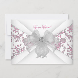 Invitation Damask White Rose Floral Jewel Bow Party