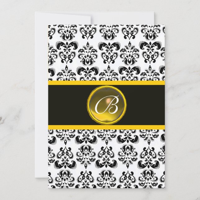 Invitation DAMASK YELLOW TOPAZ MONOGRAM, noir et blanc (Devant)