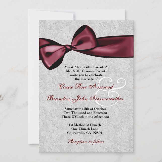 Invitation Damassé argentée avec le mariage d'arc imprimé par (Devant)