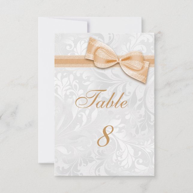 Invitation Damassé blanc et nœud faux en pêche (Devant)