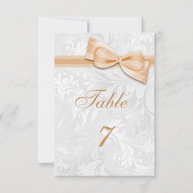 Invitation Damassé blanc et nœud faux pêche (Devant)
