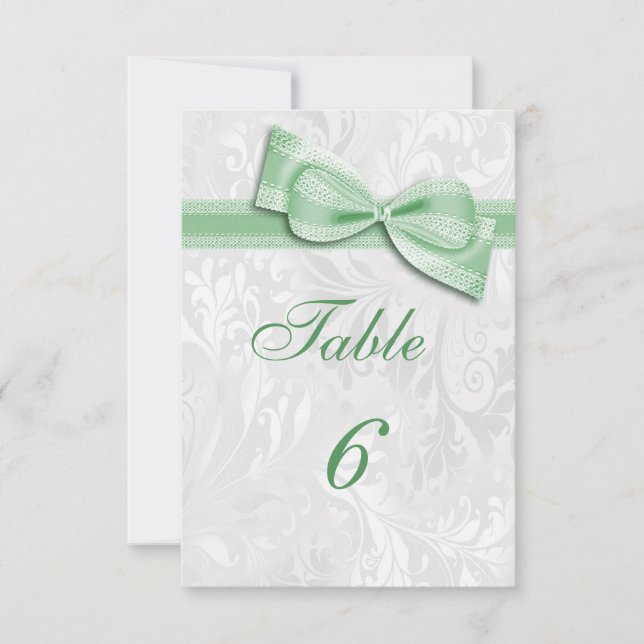 Invitation Damassé blanc et noeud faux vert (Devant)