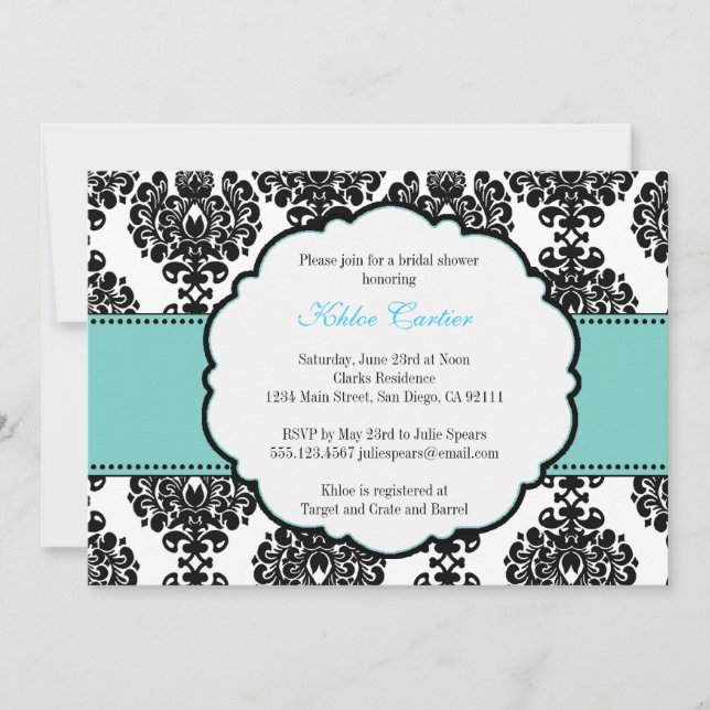 Invitation Damassé bleue d'invitations de Fête de la mariée (Devant)