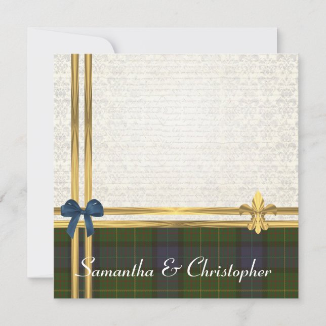 Invitation Damassé de blanc de ruban de tartan et d'or de la (Devant)