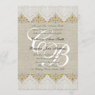 Invitation Damassé de toile de monogramme de mariage d'or de