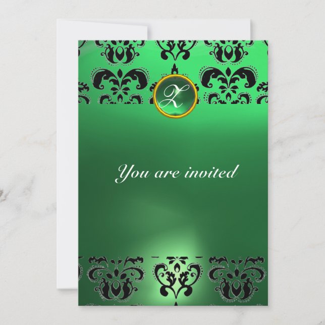 Invitation DAMASSÉ ÉMERAUDE PIERRE PRÉCIEUSE MONOGRAMME vert  (Devant)