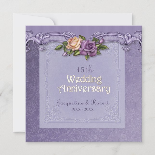 Invitation Damassé et Roses Violettes 15e Anniversaire de Mar (Devant)