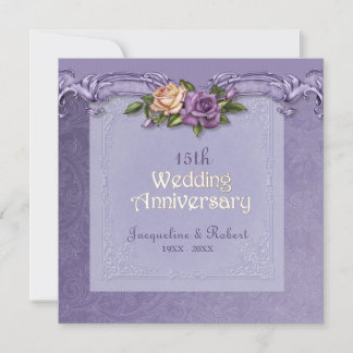 Invitation Damassé et Roses Violettes 15e Anniversaire de Mar